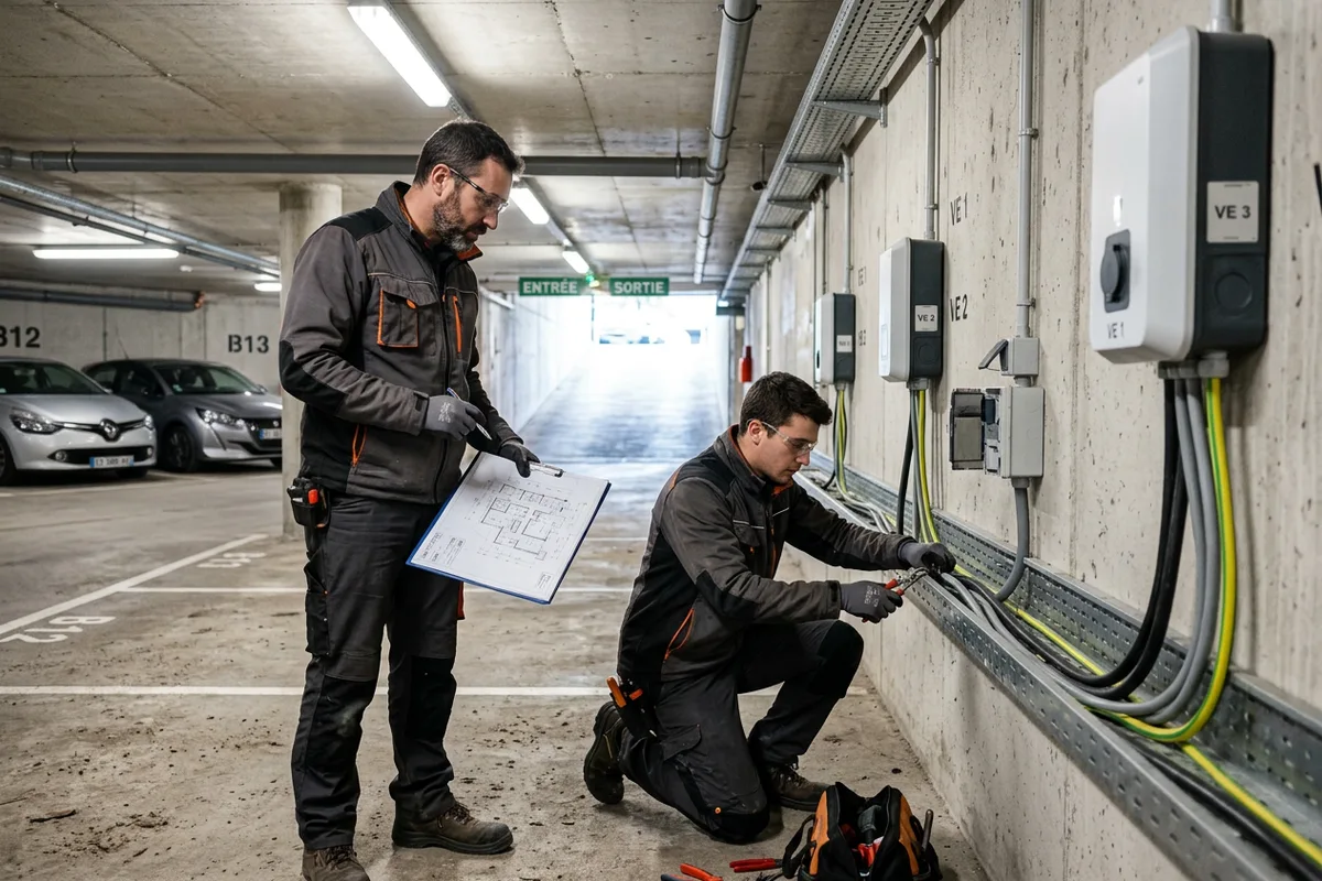 Pose de bornes de recharge en copropriété par des techniciens dans le Tarn-et-Garonne